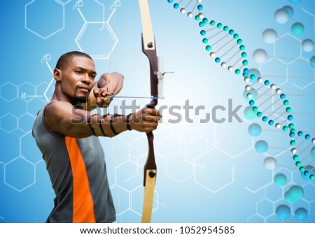 Digital composite of archer man with blue and white dna chain. Blue background.
