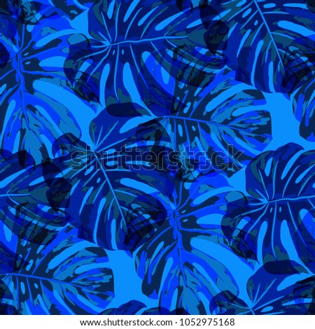 Tropical Pattern. Seamless Texture with Bright Hand Drawn Leaves of Monstera. Trendy Rapport for Calico, Textile, Wallpaper. Vector Seamless Background with Tropic Plants. Watercolor Effect.
