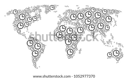 Earth atlas composition organized of time elements. Vector time elements are united into mosaic continental illustration.