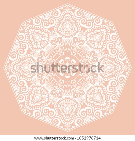 Mandala isolated design element, geometric line pattern. Stylized floral round ornament. Doodle art for textile fabric or paper print. Hand drawn vector illustration