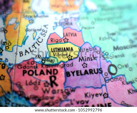 Lithuania isolated focus macro shot on globe map for travel blogs, social media, website banners and backgrounds.