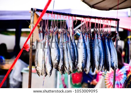 Photography of Salted fish hanging out to dry by the sun light at the street market.