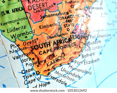 South Africa isolated focus macro shot on globe map for travel blogs, social media, website banners and backgrounds.