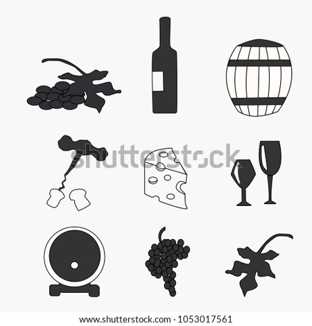 wine set icon alcohol bottle glass cheese grape leaf 