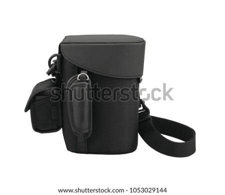 Camera bag with black fabric material is isolated on white background.