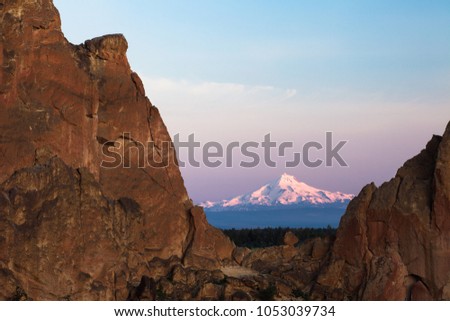 Smith Rock with Mt. Jefferson in Background at Sunset 