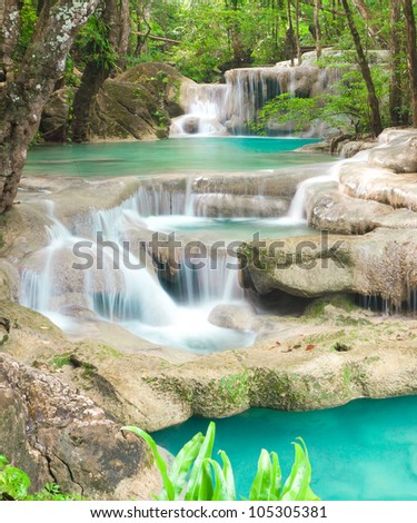 Blue stream waterfall in Kanjanaburi Thailand (Erawan National Park)