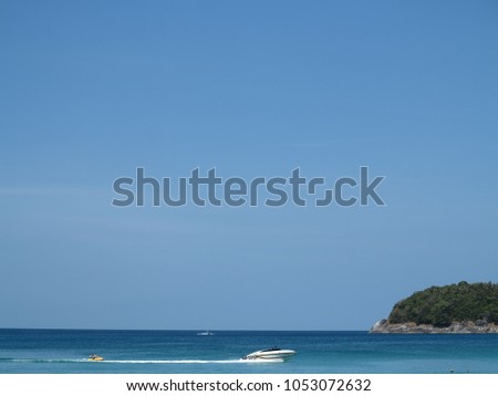 Island, boat and blue sky with clouds over the sea, wallpaper, background.