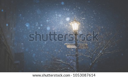 Street lamp in winter night, Aomori Japan