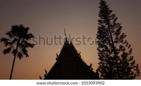The shadow of the temple roof and trees with light in the evening.