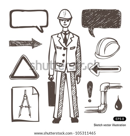 Engineering icons set. Hand drawn sketch illustration isolated on white background