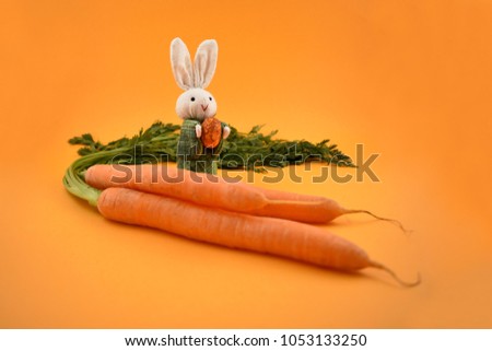 Bunny with Carrot stock images. White rabbit toy. Easter bunny on a orange background. Easter rabbit with egg. Spring decoration images. Bunch of carrots with a bunny