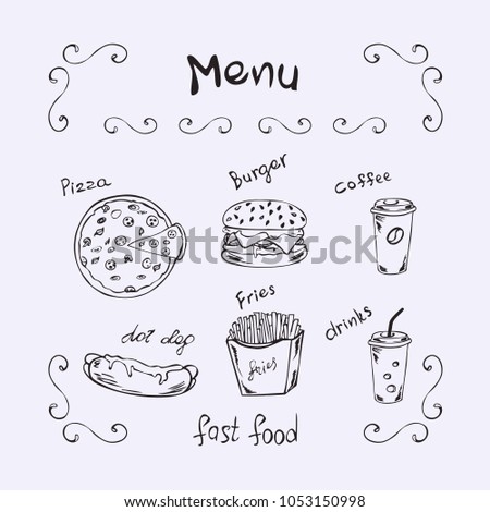 Fast food chalk sketch icons on blackboard. Snacks, drinks. Isolated vector  fries in box, pizza slice, soda coke, cheeseburger, hamburger, hot dog. Set of fast food. 