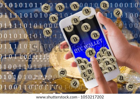 hand touch smartphone with Bitcoin symbol on-screen among piles of golden Bitcoins. Blockchain transfers concept.