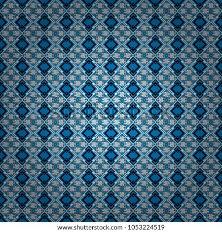 Random geometric shapes seamless pattern in blue, white and black colors. Print card, cloth, shirts, dress, wrapper, cover. Geometrical simple vector art. Creative, luxury style.