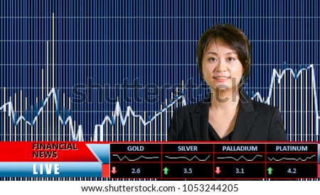 Asian female anchorwoman presenting financial news from TV studio. with lower thirds and chart