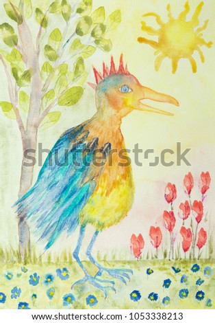 Fantasy king bird with tree sun and flowers. The dabbing technique gives a soft focus effect due to the altered surface roughness of the paper.