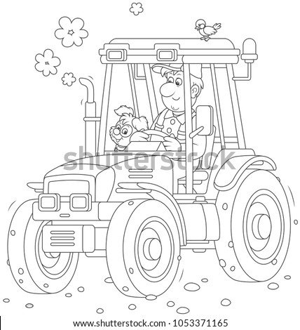 Smiling worker driving his wheeled tractor, a black and white vector illustration in a cartoon style for a coloring book