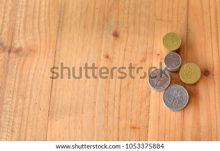 Malaysian coins on wooden background with text space. selective focus.