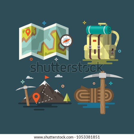 Camping. Set of camping equipment symbols and icons. Flat design.