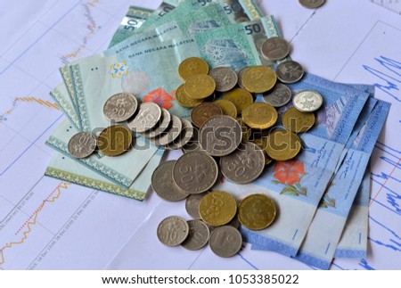 Mixed value of Malaysian coins and Banks Notes with finacial graph as background. Selective focus. Business and financial concept.