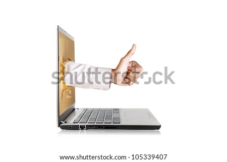 Hand gives thumbs-up out from an ultrabook laptop computer isolated on white