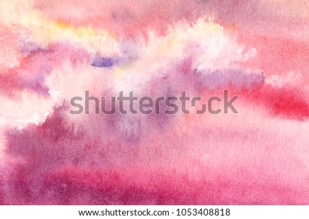 Sunset or sunrise sky with cumulus clouds. Pink, lilac and violet background with well visible texture of paper. Hand drawn real watercolor illustration