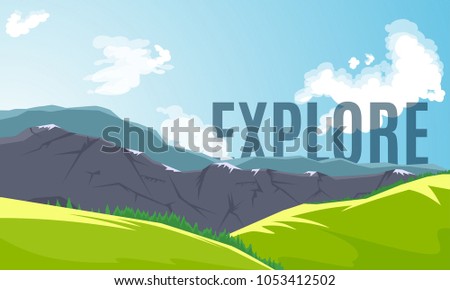 Landscape With Mountain Peaks and green valley. Mountain Expedition Banner. Flat Design Vector Illustration