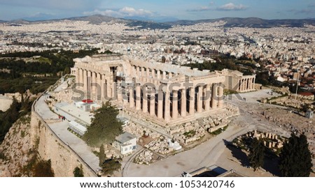 Aerial birds eye view photo taken by drone of iconic Acropolis hill and the Parthenon, Athens historic center, Attica, Greece