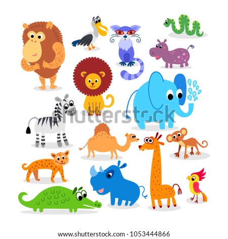 Wild Africa animals set in flat style isolated on white background. Including elephant, giraffe, zebra, snake, pelican, rhinoceros, parrot, lion, hippo, crocodile, leopard, camel, gorilla, monkey