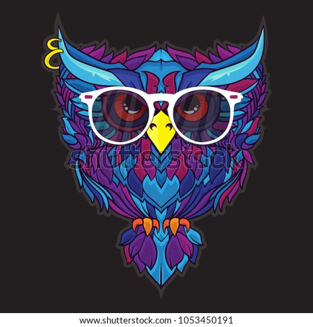 Funny owl with eyeglasses, sunglasses in line art design, vector cartoon illustration isolated on black background