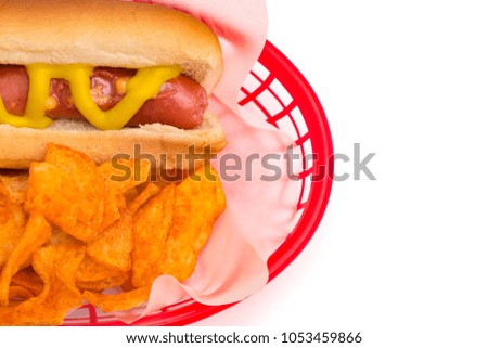 Hot Dog and Chips in a Red Basket on a White Background