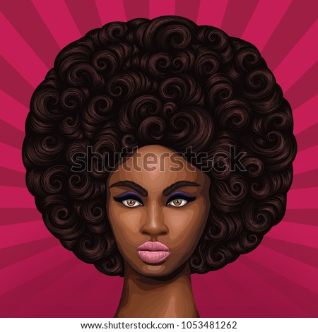 Vector hand drawn colored portrait of a young African girl with magnificent curly afro hairstyle in retro style. Pop Art background with sun's rays