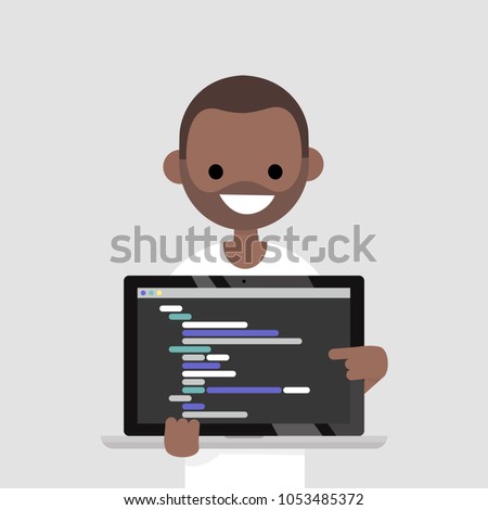 Young programmer pointing on the laptop screen. Programming code. Technology / flat editable vector illustration, clip art