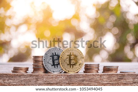 Golden Bitcoin Cryptocurrency and coin on wooden table with blurred green nature. The concept of crypto currency. Blockchain technology. Mixed media.
