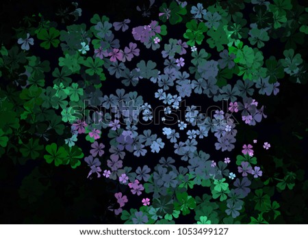 Abstract colorful spring pattern with flower motif. Shamrock, clover, flower silhouettes. Halftone effect background. Raster clip art.