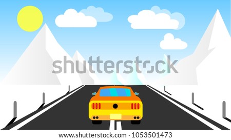 Yellow sporty fast beautiful powerful car rides on the road in the mountains in winter against a background of clouds and copy space. Vector illustration