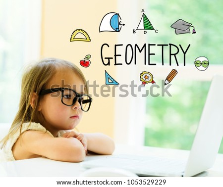 Geometry text with little girl using her laptop