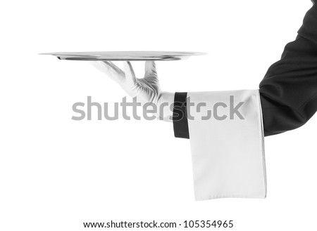 A hand holding a silver tray Royalty-Free Stock Photo #105354965