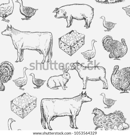 Farm animals seamless pattern cow, goose, chicken, pig, goat, rabbit, ink vintage engraving style 