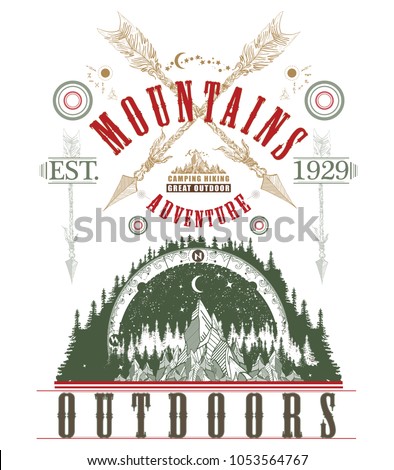 Mountains, symbol travel, tourism, extreme sports and rock climbing. Outdoors poster. Mountains tattoo art, t-shirt design 