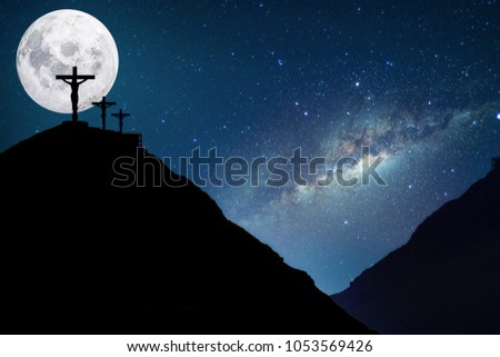 Silhouette of Jesus christ crucifix on cross over heaven sunset concept for catholic religion, christian worship, Christmas, happy Easter Day, Thanksgiving prayer and praise good friday, bible