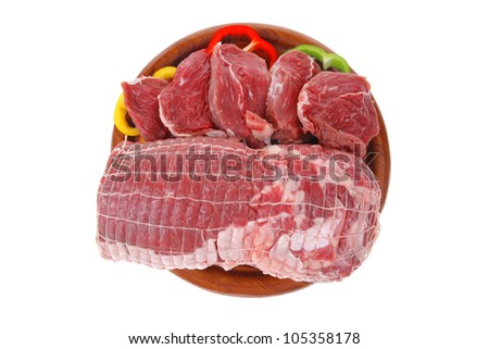 fresh raw meat on wooden board with slices
