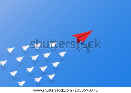 Leadership, teamwork and courage concept, Red paper plane with aircraft shadow for leader and white paper planes flying on sky. vector illustration Royalty-Free Stock Photo #1053590975