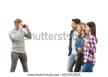 The happy people make a photo on the white background