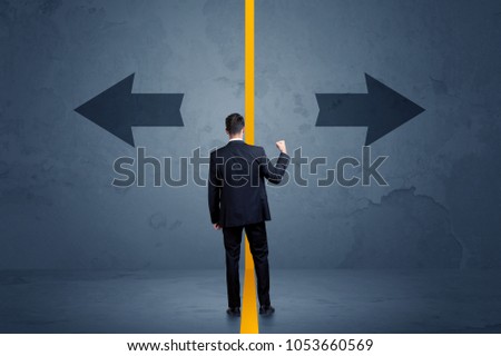 Business person choosing between two options separated by a yellow border arrow concept