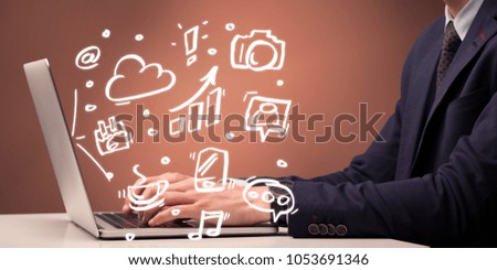 An elegant businessman sitting at desk and pushing the buttons of his laptop keyboard while working on everyday office tasksillustration concept