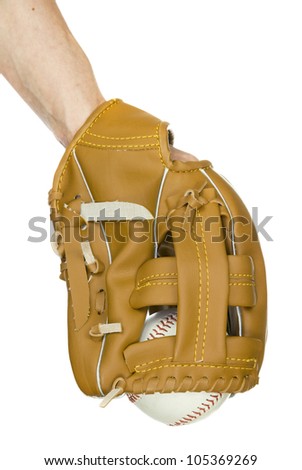 holding baseball in leather baseball golve on white background