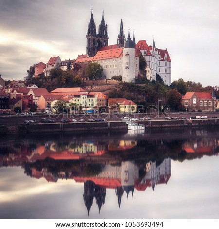 View over the Elbe river to Albrechtsburg Castle, Meissen, Saxony, Germany, Europe. Wonderful Autumn scene. creative Scenic image of Albrechtsburg Castle. Popular Places for photographers.