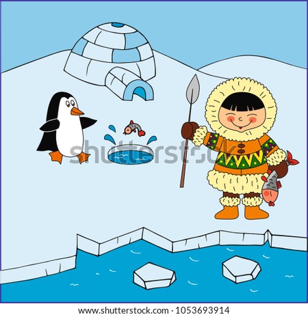 Happy Eskimo catching fish on the ice with penguin and igloo house. 